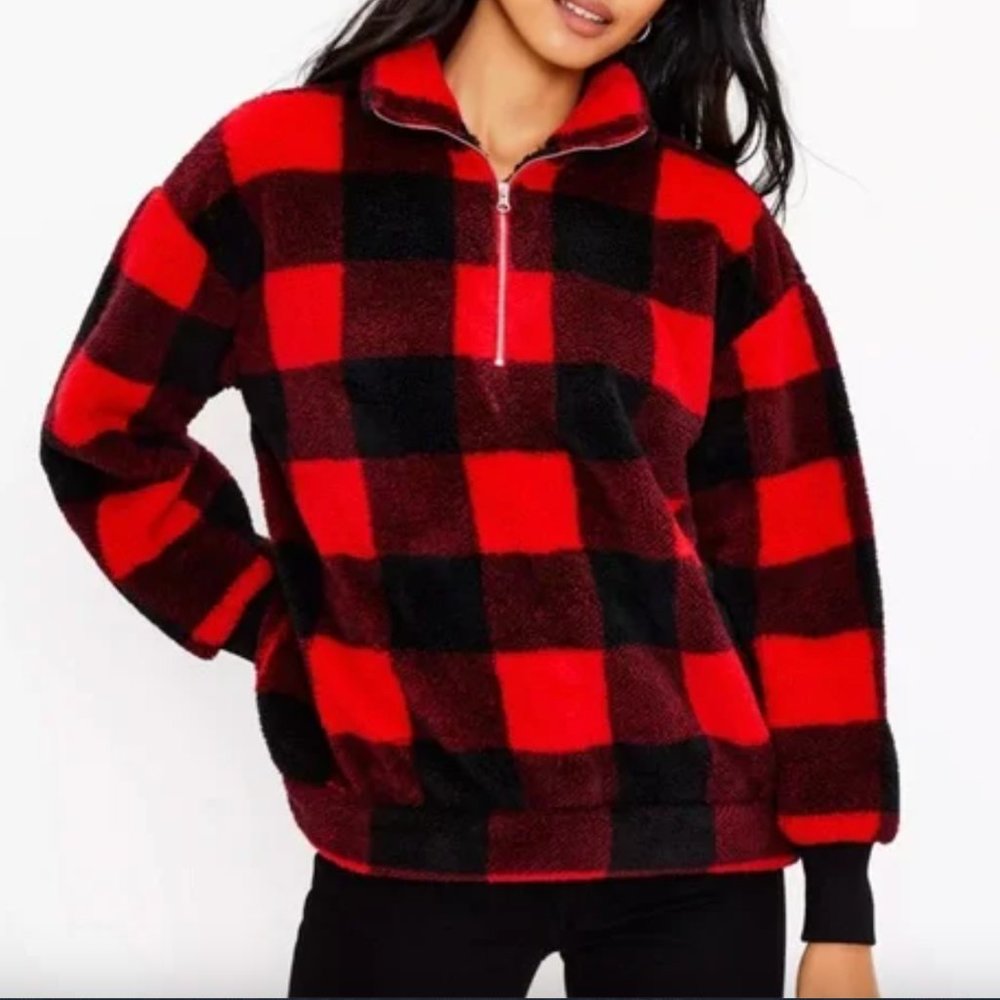 Loft Womens 1/4 Zip Sherpa Pullover Black and Red Buffalo Plaid- Large